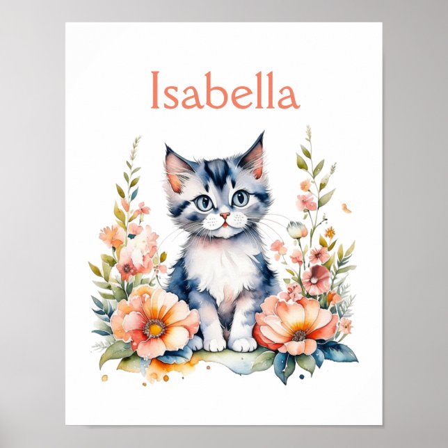 Personalised Grey Kitten in Pink Flowers Poster (Front)