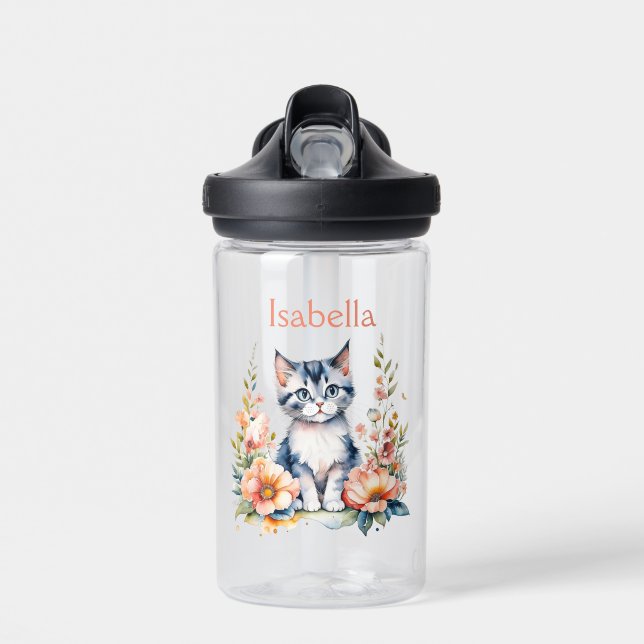 Personalised Grey Kitten in Pink Flowers Water Bottle (Front)