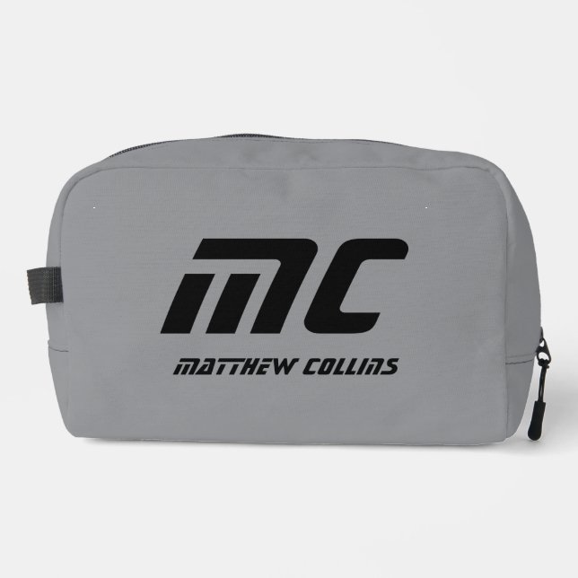 Personalised Grey Minimalist Monogram Name Men's Dopp Kit (Front)