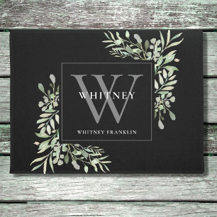Personalised Grey Monogram Greenery Floral Black Doormat