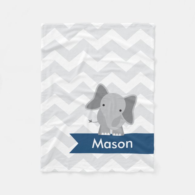 Personalised Grey Navy Blue Chevron Elephant Fleece Blanket (Front)