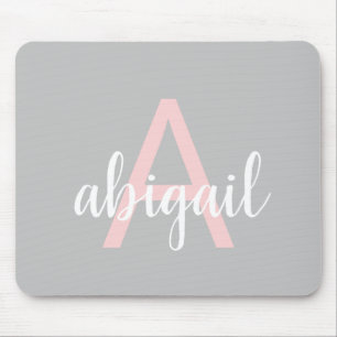 Personalised Grey Pink Monogram Modern Name Mouse Mat