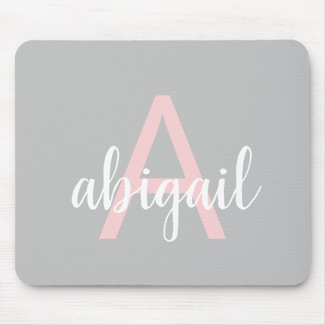 Personalised Grey Pink Monogram Modern Name Mouse Mat (Front)