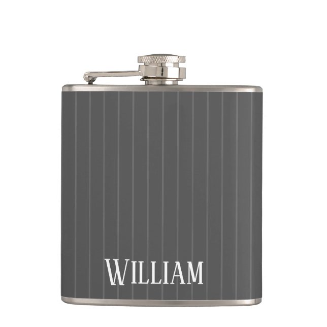 Personalised grey pinstripes hip flask (Front)