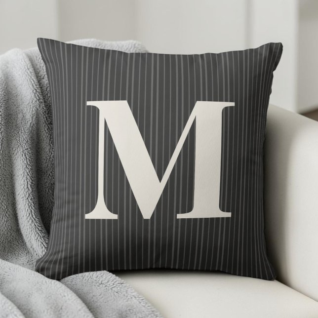 Personalised Grey Preppy Striped Monogram Initial Cushion (Personalized Gray Preppy Striped Monogram Initial Throw Pillow)
