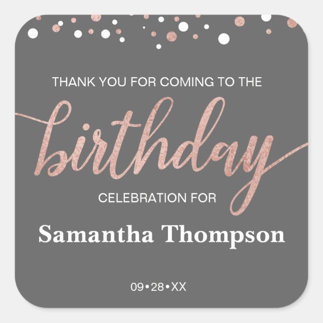 Personalised, grey, rose gold, thank you birthday square sticker (Front)