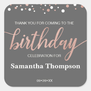 Personalised, grey, rose gold, thank you birthday square sticker