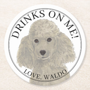 Personalised Grey Silver Poodle Dog Wedding Round Paper Coaster