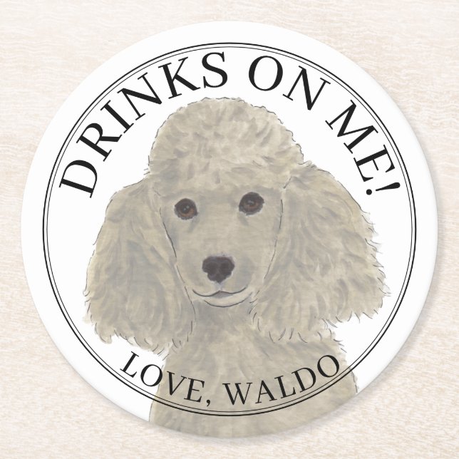 Personalised Grey Silver Poodle Dog Wedding Round Paper Coaster (Front)
