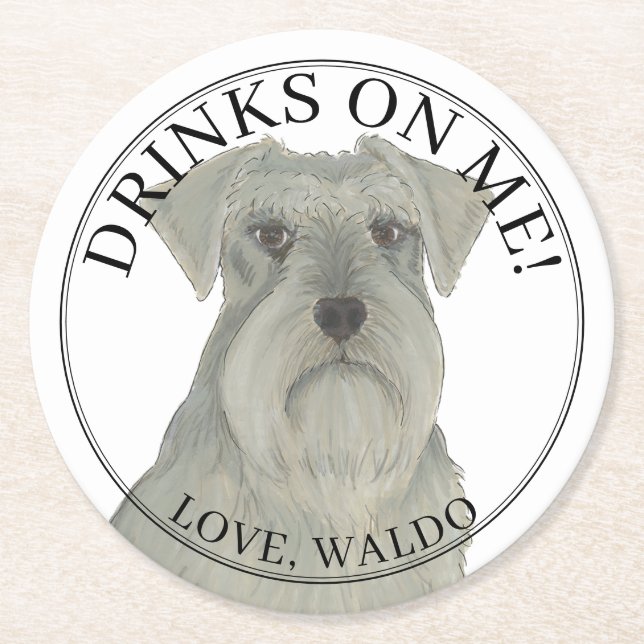 Personalised Grey Silver Schnauzer Dog Wedding Round Paper Coaster (Front)