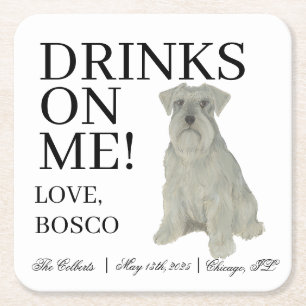Personalised Grey Silver Schnauzer Dog Wedding Square Paper Coaster