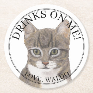 Personalised Grey Striped Tabby Cat Wedding Round Paper Coaster