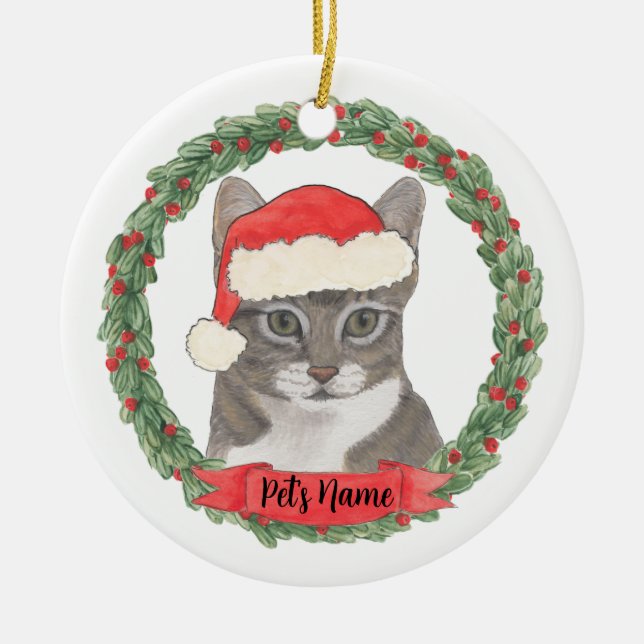 Personalised Grey Tabby Cat Ceramic Tree Decoration (Front)