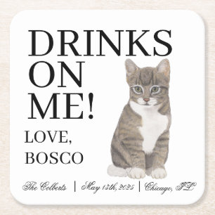 Personalised Grey Tabby Cat Wedding Square Paper Coaster