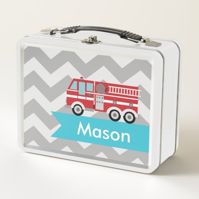 Personalised Grey Teal Chevron Fire Truck Boy Metal Lunch Box (Front)