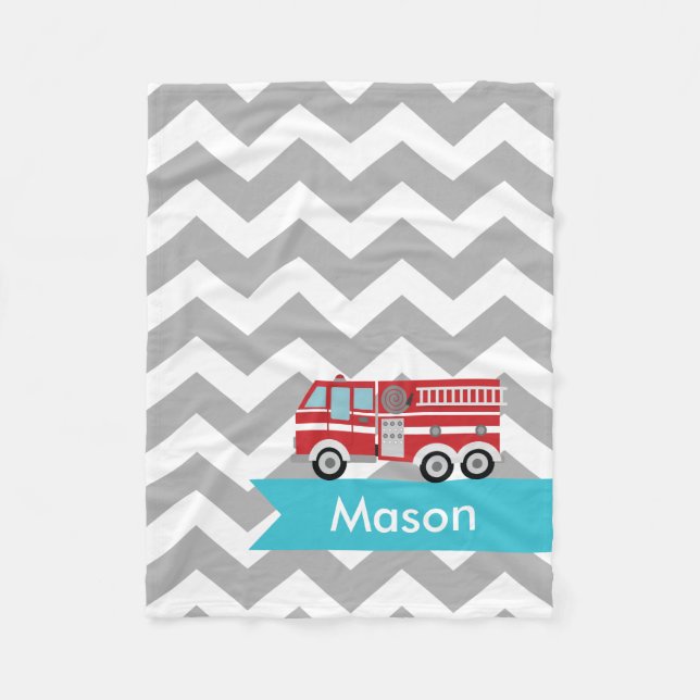 Personalised Grey Teal Chevron Fire Truck Fleece Blanket (Front)