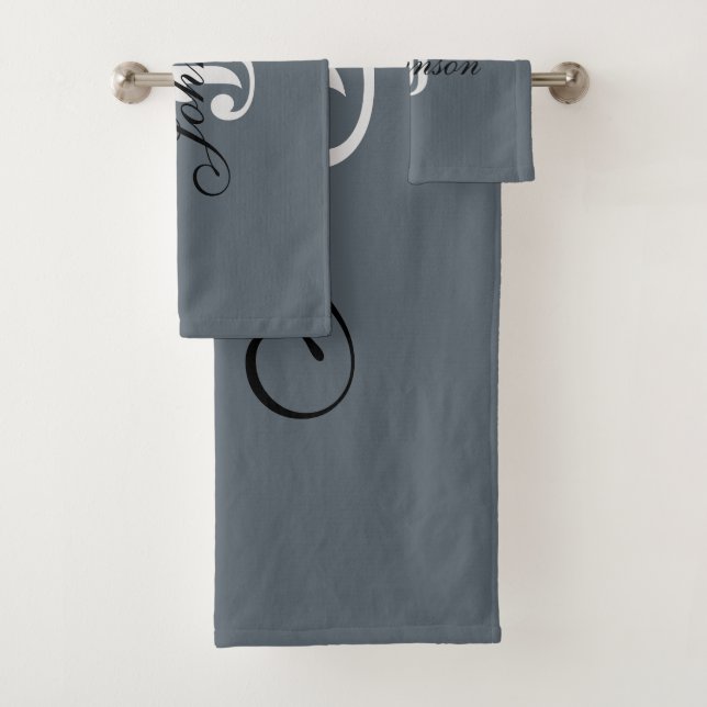 Personalised Grey White Elegant Monogram Bath Towel Set (Insitu)