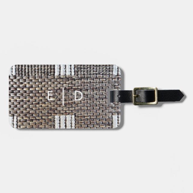 Personalised Grey & White Faux Burlap Luggage Tag (Front Horizontal)