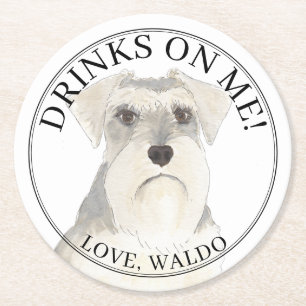 Personalised Grey White Schnauzer Dog Wedding Round Paper Coaster