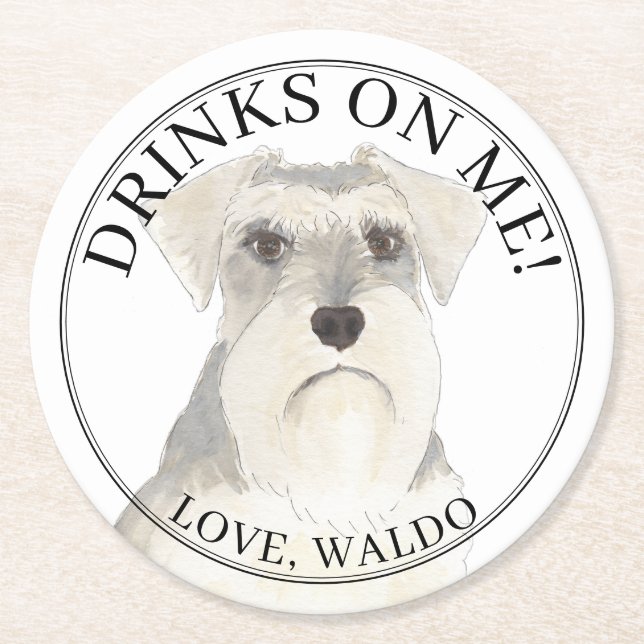 Personalised Grey White Schnauzer Dog Wedding Round Paper Coaster (Front)