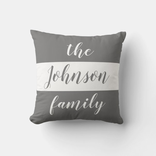 Personalised Grey White Stripes Family Name Cushion (Front)