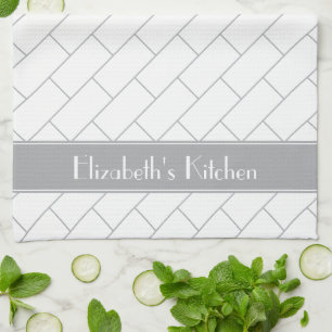 Personalised Grey White Subway Tile Brick Tea Towel