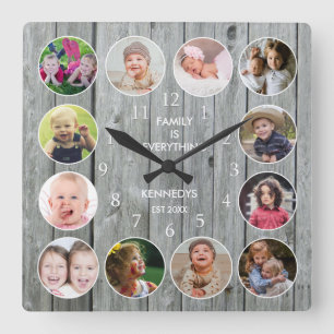 Personalised  Grey Wood 12 Family Photo Collage Square Wall Clock