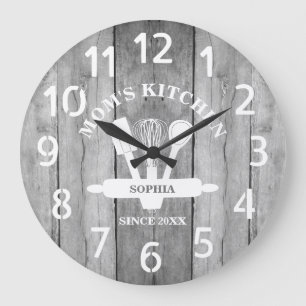 Personalised Grey Wood Farmhouse Mum's Kitchen Large Clock