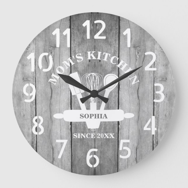 Personalised Grey Wood Farmhouse Mum's Kitchen Large Clock (Front)