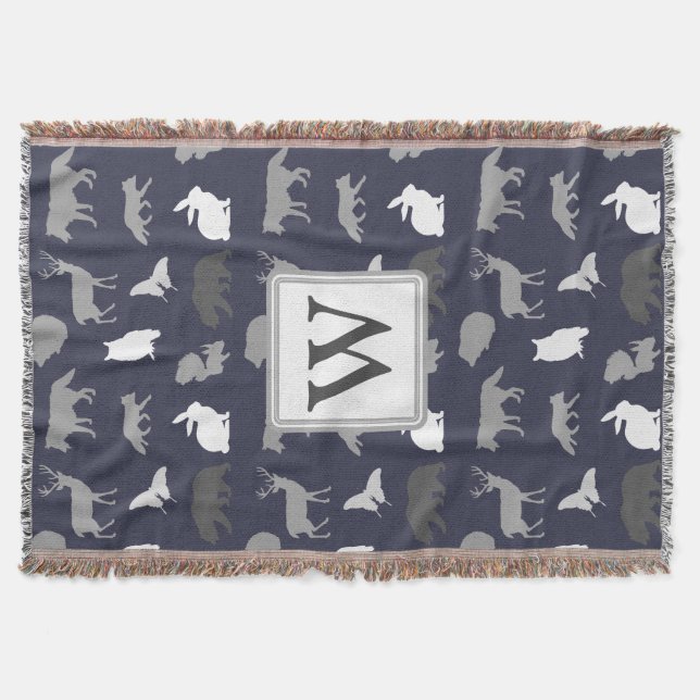 Personalised - Grey Woodland Creatures Throw Blanket (Front)