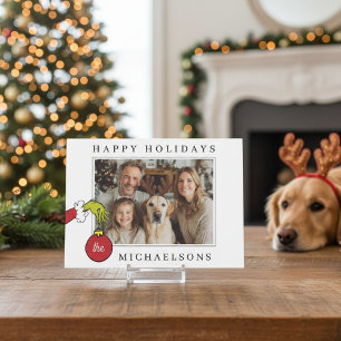 Personalised Grinch Holding Ornament Photo Holiday Card