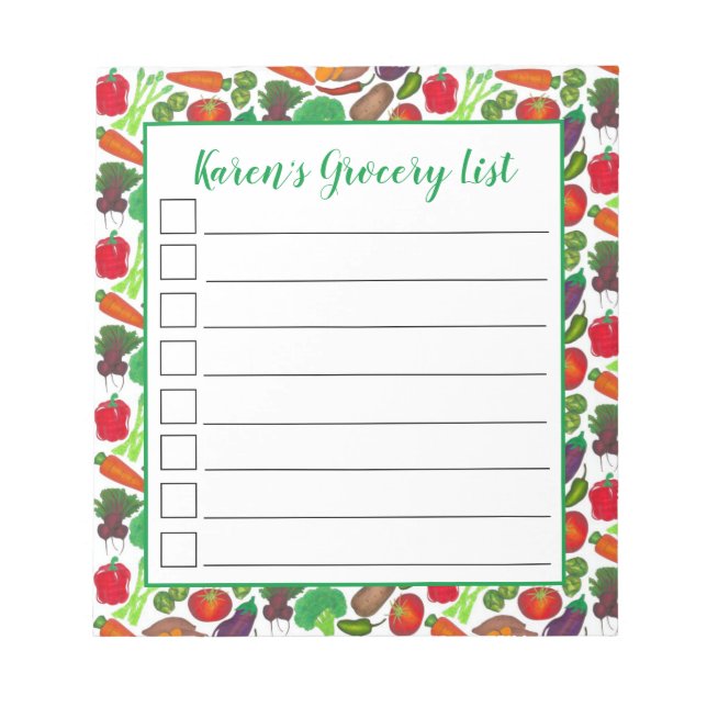 Personalised Grocery List Garden Vegetables Notepad (Front)