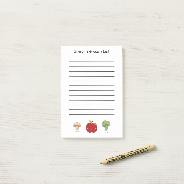 Personalised Grocery List with Vegetables & Apple  Post-it Notes (On Desk)