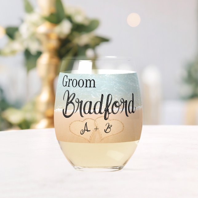 Personalised Groom Beach Wedding Hearts in Sand Stemless Wine Glass (Insitu (Wedding))