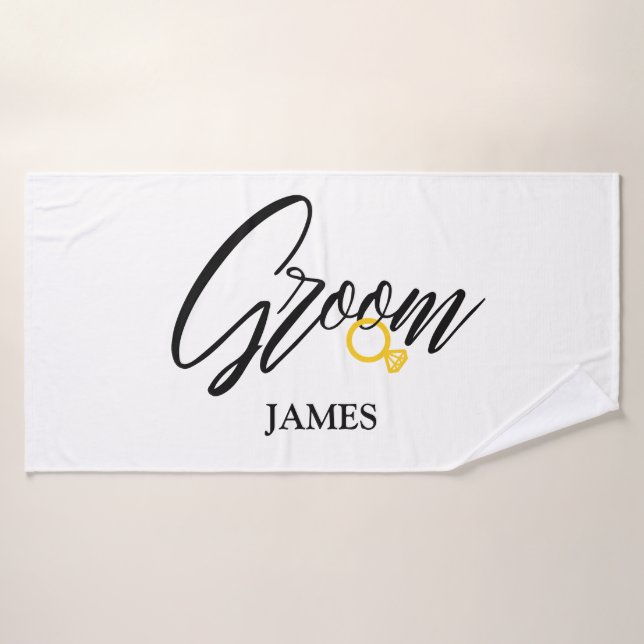 Personalised Groom's Name with golden ring  Beach Bath Towel (Bath Towel)