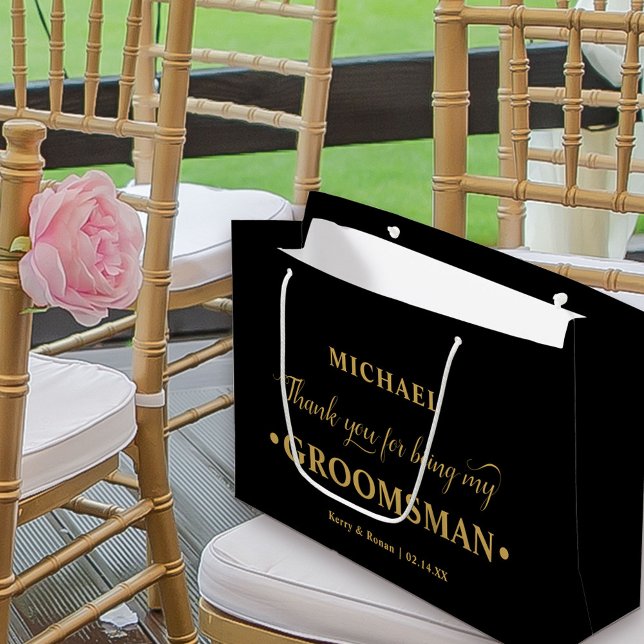 Personalised Groomsman Black and Gold Thank You Large Gift Bag (Black and Gold Wedding Thank You Gift Bag for Groomsman)