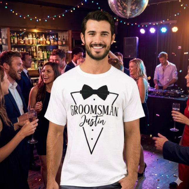 Personalised Groomsman Script Name Bachelor Party T-Shirt (Elegant Tuxedo Custom Name Groom Squad Wedding Shirt)