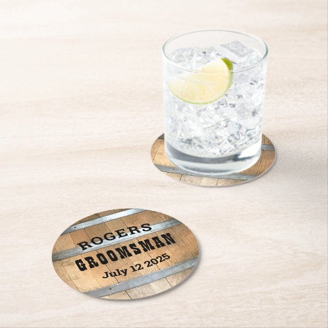 Personalised Groomsman Whiskey Barrel Round Paper Coaster (Insitu)