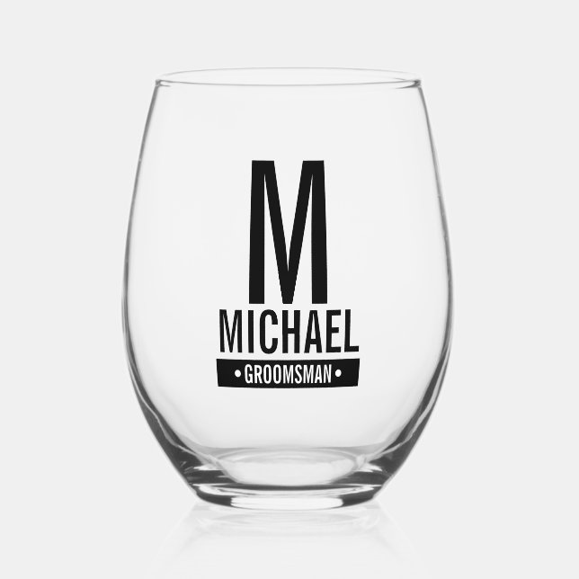 Personalised Groomsman's Monogram and Name Stemless Wine Glass (Front)