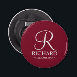 Personalised Groomsman's Name and Monogram Bottle Opener<br><div class="desc">Elegant Personalised Groomsman Gifts
featuring personalised monogram in white elegant script font style with groomsman's name and title in classic serif font style on burgundy red background.

Also perfect for best man,  father of the bride,  bridesmaid,  maid of honour,  flower girl,  mother of the bride and more.</div>