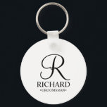 Personalised Groomsman's Name and Monogram Key Ring<br><div class="desc">Elegant Black and White Personalised Groomsman Gifts
featuring personalised monogram in black elegant script font style with groomsman's name and title in classic serif font style on white background.

Also perfect for best man,  father of the bride,  bridesmaid,  maid of honour,  flower girl,  mother of the bride and more.</div>