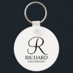 Personalised Groomsman's Name and Monogram Key Ring<br><div class="desc">Elegant Black and White Personalised Groomsman Gifts
featuring personalised monogram in black elegant script font style with groomsman's name and title in classic serif font style on white background.

Also perfect for best man,  father of the bride,  bridesmaid,  maid of honour,  flower girl,  mother of the bride and more.</div>