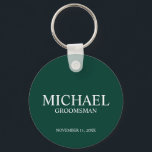 Personalised Groomsman's Name and Monogram Key Ring<br><div class="desc">Modern Personalised Groomsman Gifts
featuring personalised groomsman's name,  title and wedding date in white classic serif font style on emerald green background.

Also perfect for Best Man,  Father of the Bride and more.</div>