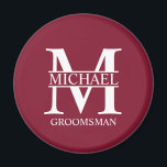 Personalised Groomsman's Name and Monogram Magnet<br><div class="desc">Classic Personalised Groomsmen Gifts
featuring personalised groomsman's monogram,  name and title in white classic serif font style on burgundy red background.
Also perfect for best man,  father of the bride and more.</div>