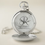 Personalised Groomsman's Name and Monogram Pocket Watch<br><div class="desc">Elegant Black and White Personalised Groomsman Gifts featuring personalised monogram in grey elegant script font style with groomsman's name and title in classic serif font style on white marble background. Also perfect for best man, father of the bride, bridesmaid, maid of honour, flower girl, mother of the bride and more....</div>