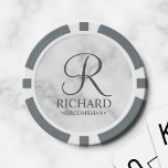 Personalised Groomsman's Name and Monogram Poker Chips<br><div class="desc">Elegant Black and White Personalised Groomsman Gifts featuring personalised monogram in grey elegant script font style with groomsman's name and title in classic serif font style on white marble background. Also perfect for best man, father of the bride and more. Please note: The marble details are simulated in the artwork....</div>