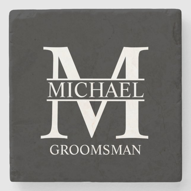 Personalised Groomsman's Name and Monogram Stone Coaster (Front)