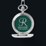 Personalised Groomsman's Name and Monogram Watch<br><div class="desc">Elegant Black and White Personalised Groomsman Gifts featuring personalised monogram in white elegant script font style with groomsman's name and title in classic serif font style on emerald green background. Also perfect for best man, father of the bride, bridesmaid, maid of honour, flower girl, mother of the bride and more....</div>