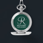 Personalised Groomsman's Name and Monogram Watch<br><div class="desc">Elegant Black and White Personalised Groomsman Gifts featuring personalised monogram in white elegant script font style with groomsman's name and title in classic serif font style on emerald green background. Also perfect for best man, father of the bride, bridesmaid, maid of honour, flower girl, mother of the bride and more....</div>
