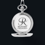 Personalised Groomsman's Name and Monogram Watch<br><div class="desc">Elegant Black and White Personalised Groomsman Gifts
featuring personalised monogram in black elegant script font style with groomsman's name and title in classic serif font style on white background.

Also perfect for best man,  father of the bride,  bridesmaid,  maid of honour,  flower girl,  mother of the bride and more.</div>